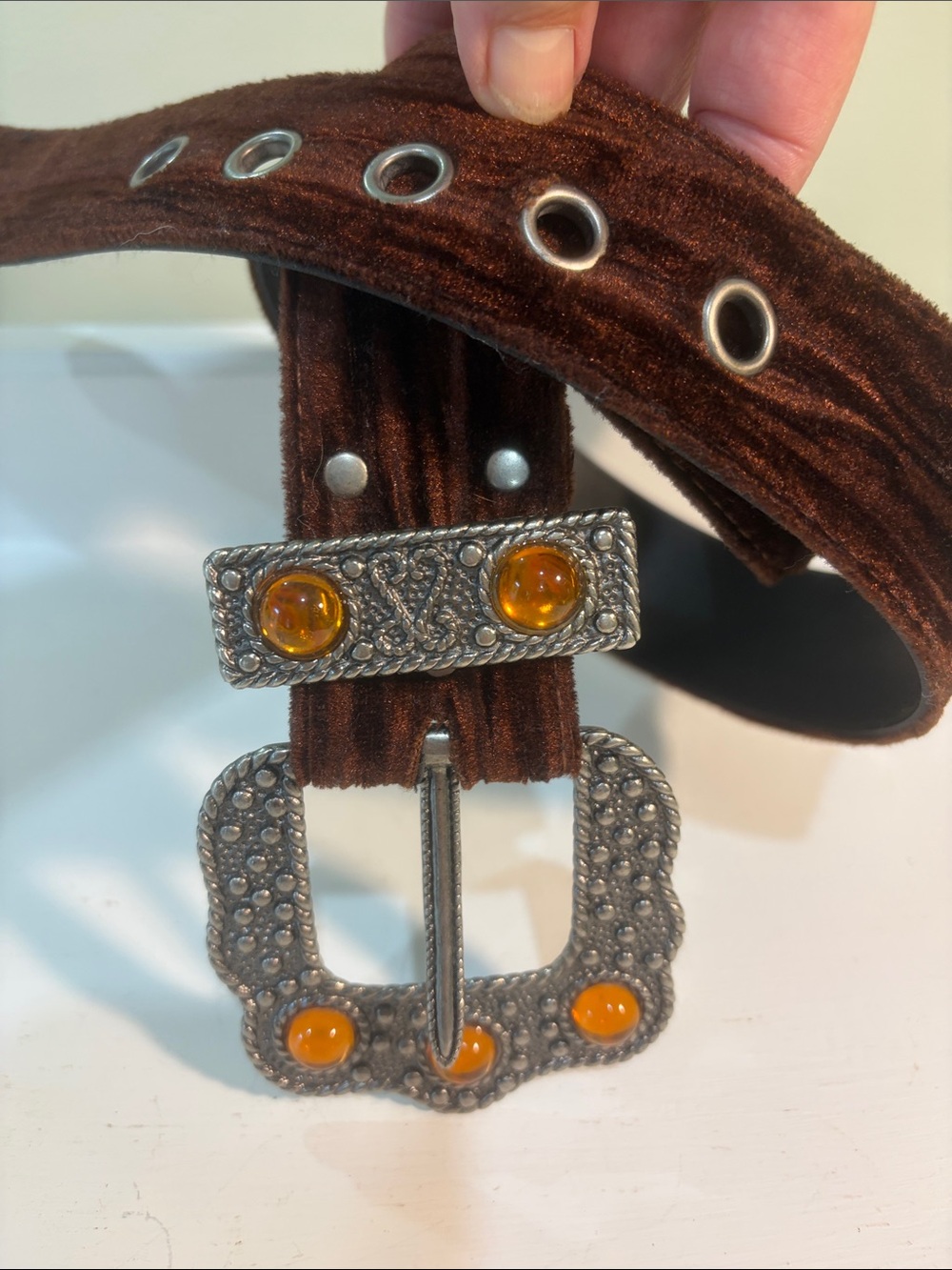 Western Brown Velvet Grommet Belt Ornate Amber Stone Buckle Y2K